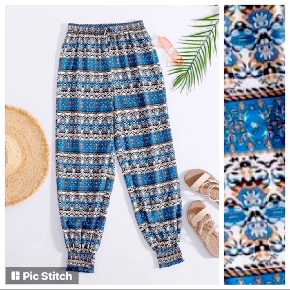 NEW Printed Casual Shirred Waist and Hem Knot Front Pants